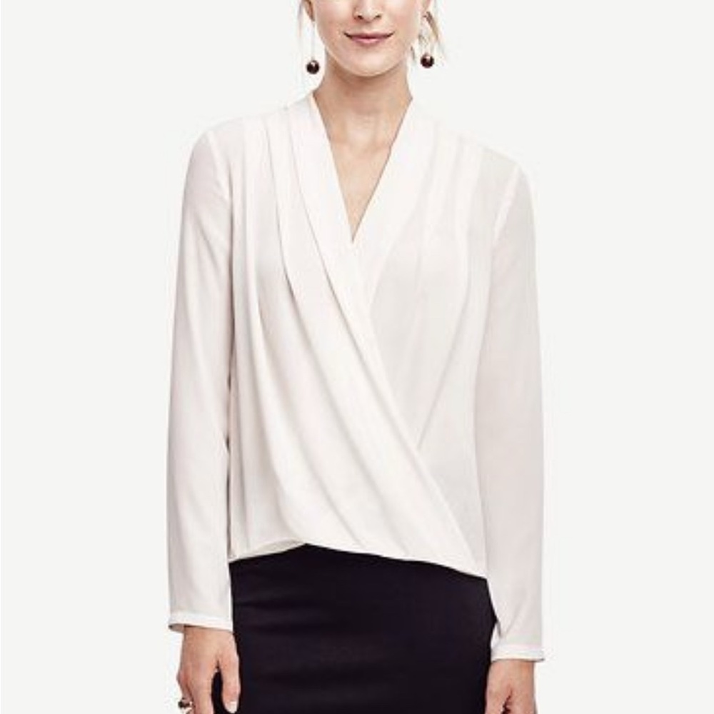Ann Taylor Cream  Faux Wrap Blouse Long Sleeves